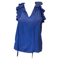1970s Saint Laurent Rive Gauche Cobalt Blue Silk Ruffle Top