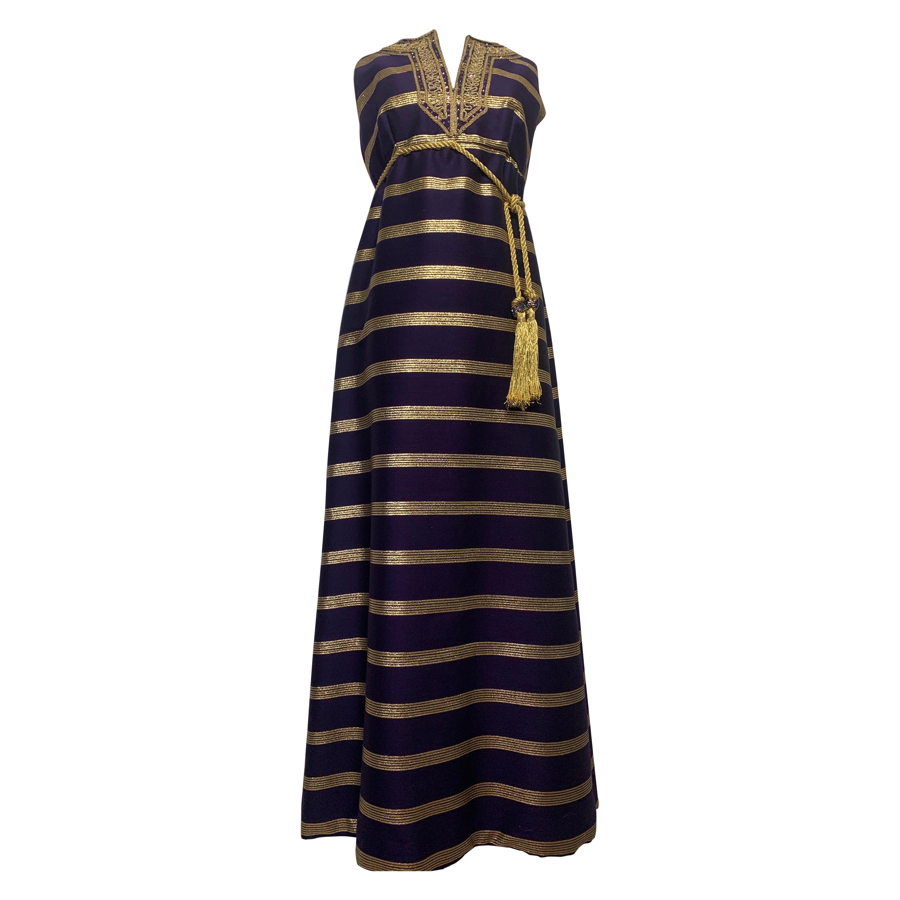 1960s Arkay Purple & Gold Lame Sharkskin Moroccan Inspired Embroidered Maxi For Sale