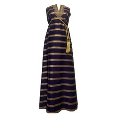 1960s Arkay Purple & Gold Lame Sharkskin Moroccan Inspired Embroidered Maxi