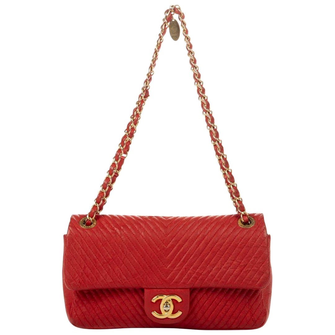 Chanel Red by Karl Lagerfeld 2015 Chevron Quilted Flap Bag For Sale