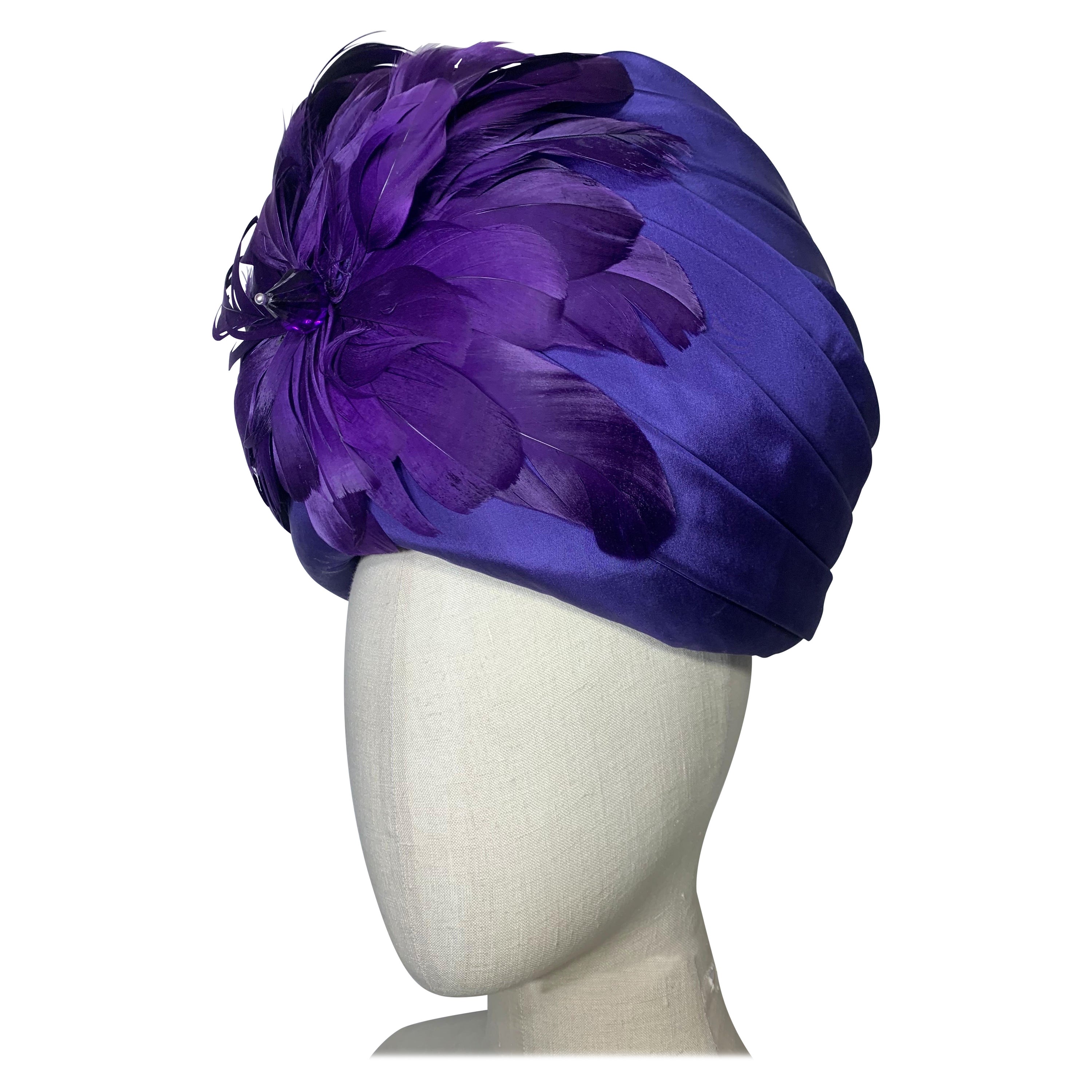 Custom-Made Amethyst Silk Taffeta Turban Draped w Feather & Bead Flower For Sale