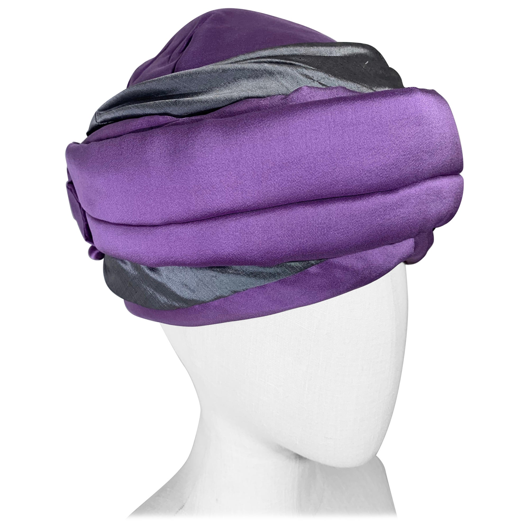 CUSTOM MADE Couture Purple & Gray Tufted & Draped Toque Turban w Hat Pin en vente