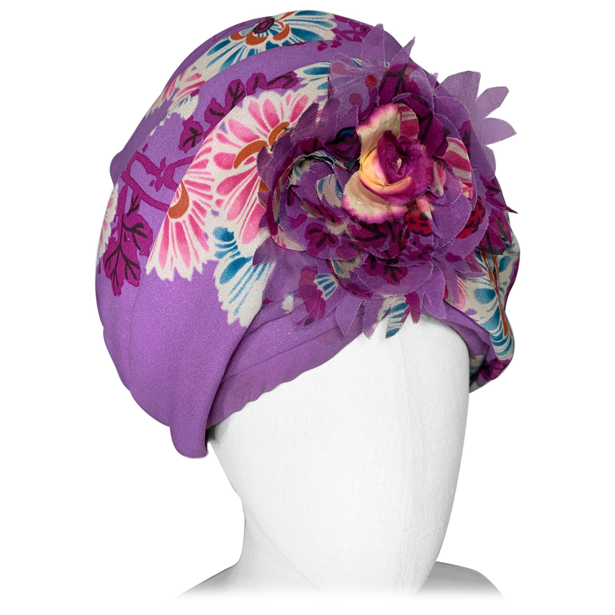 Custom-Made Orchid Pink Silk Chiffon Floral Print Turban w Floral Center & Pin For Sale