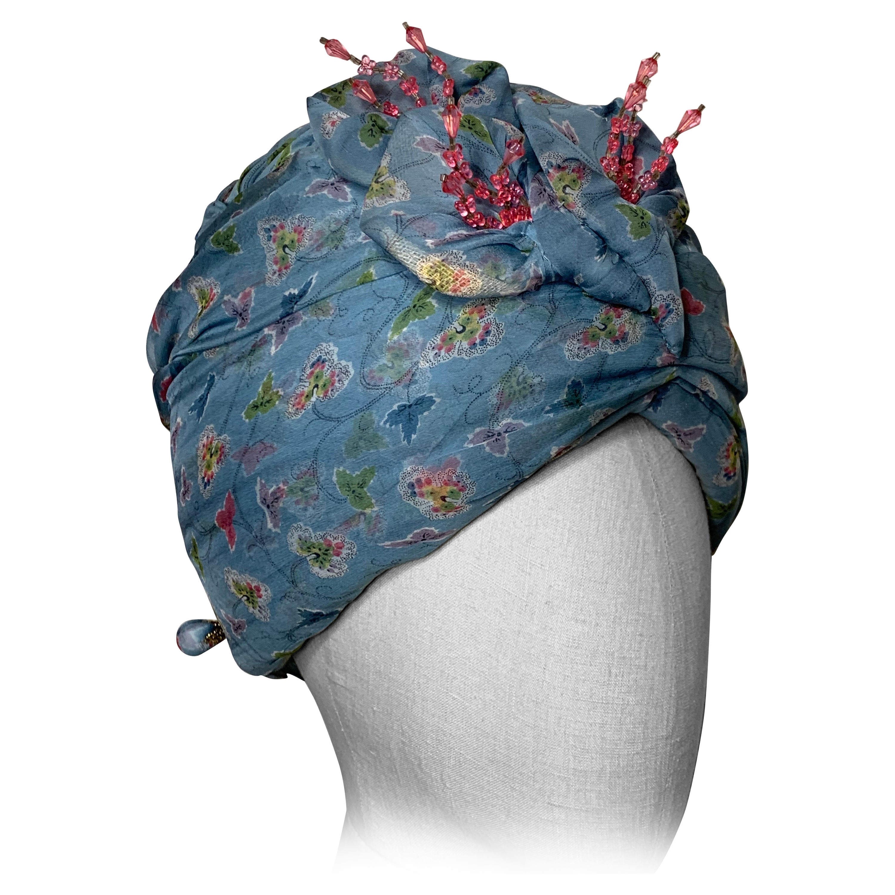 Custom Made Periwinkle Blue Floral Print Turban w  Crystal Embellishment & Pin For Sale