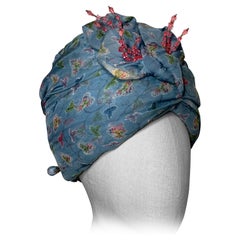 Antique Custom Made Periwinkle Blue Floral Print Turban w  Crystal Embellishment & Pin