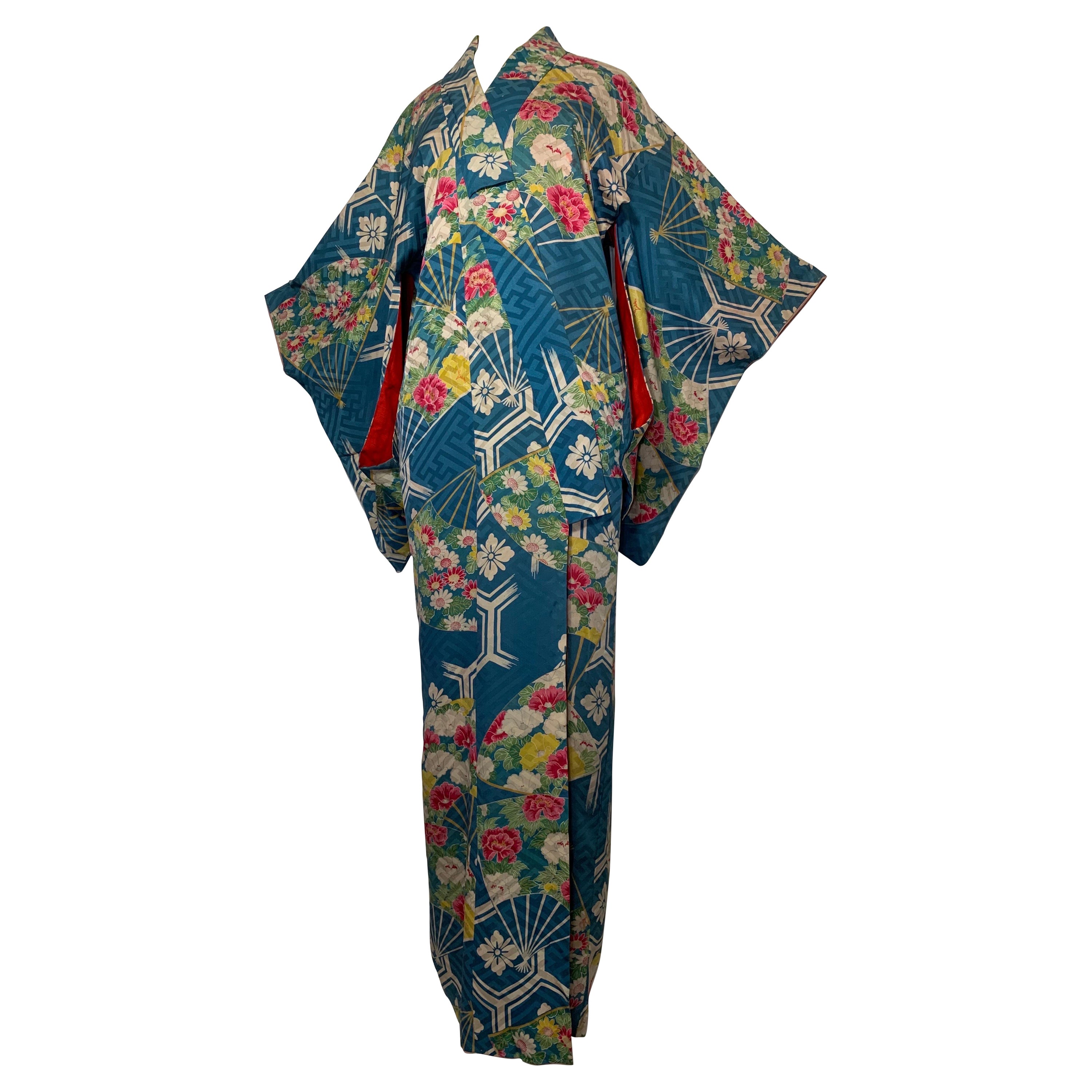 1930s Periwinkle Silk Traditional Kimono w Florals Fans and Red Silk Lining For Sale