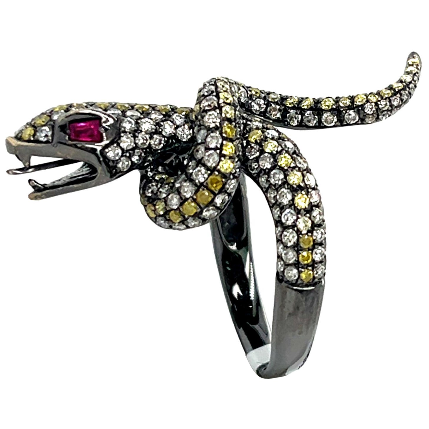 Serpent Fancy Colored Diamond and Ruby Ring in 14KB Gold