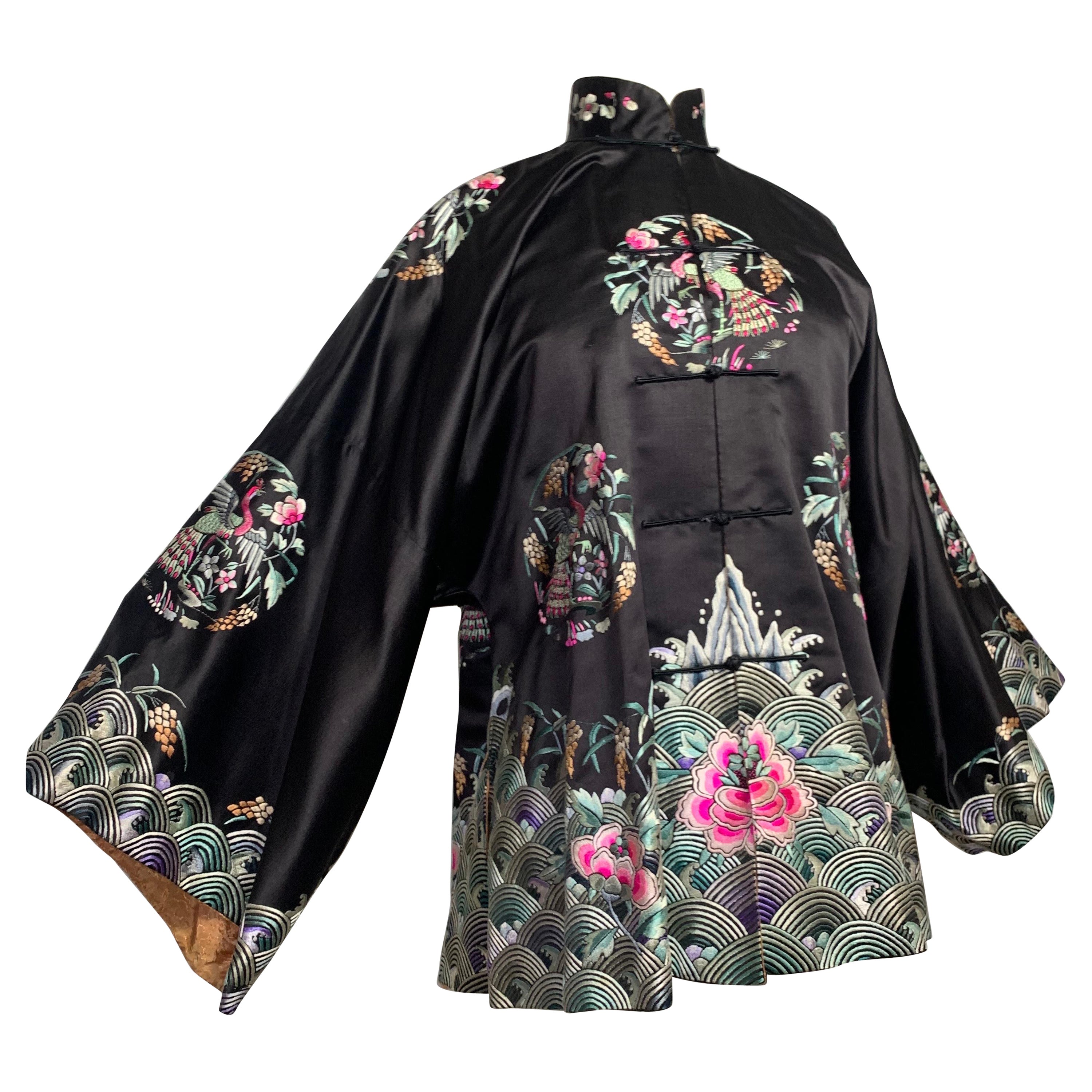 1920s Black Silk Satin Chinese Traditional Jacket w Colorful Hand Embroidery  For Sale