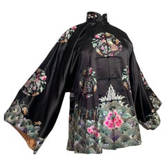 Antique 1920s Black Silk Satin Chinese Traditional Jacket w Colorful Hand Embroidery 