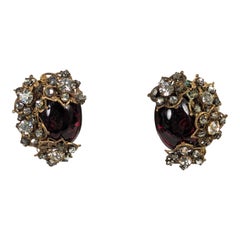 Vintage Miriam Haskell Ruby Cabochon and Crystal Earrings