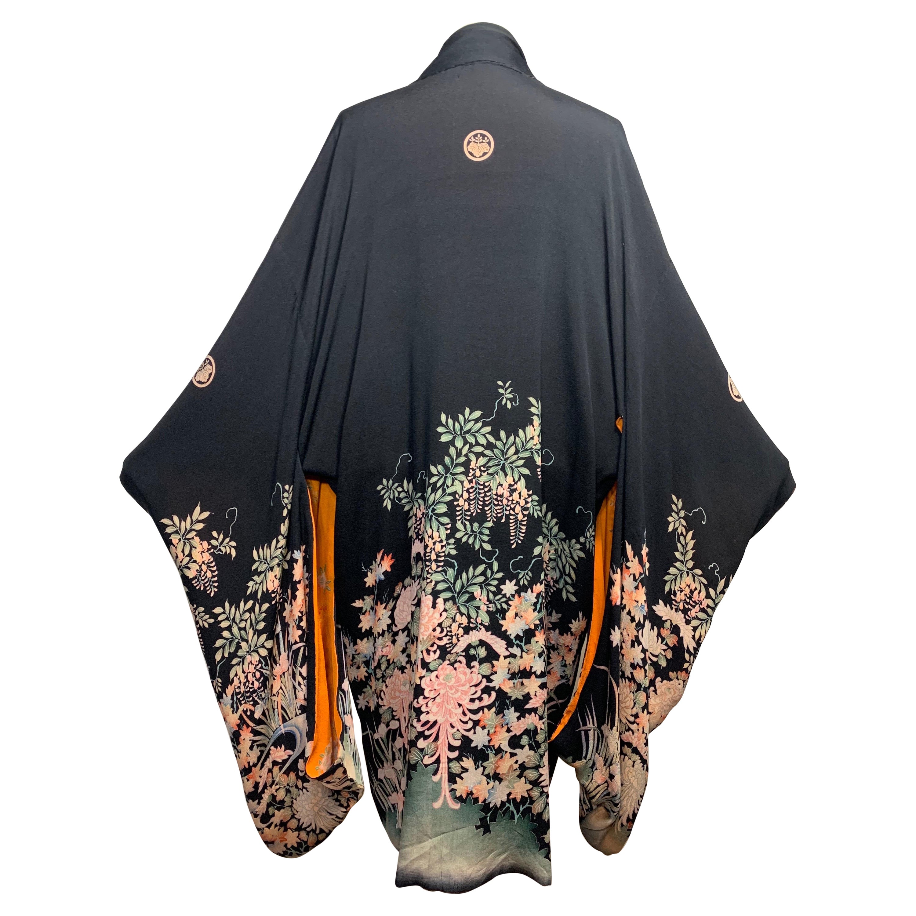 1930s Gorgeous Completely Reversible Silk Print Kimono in Marigold & Black For Sale