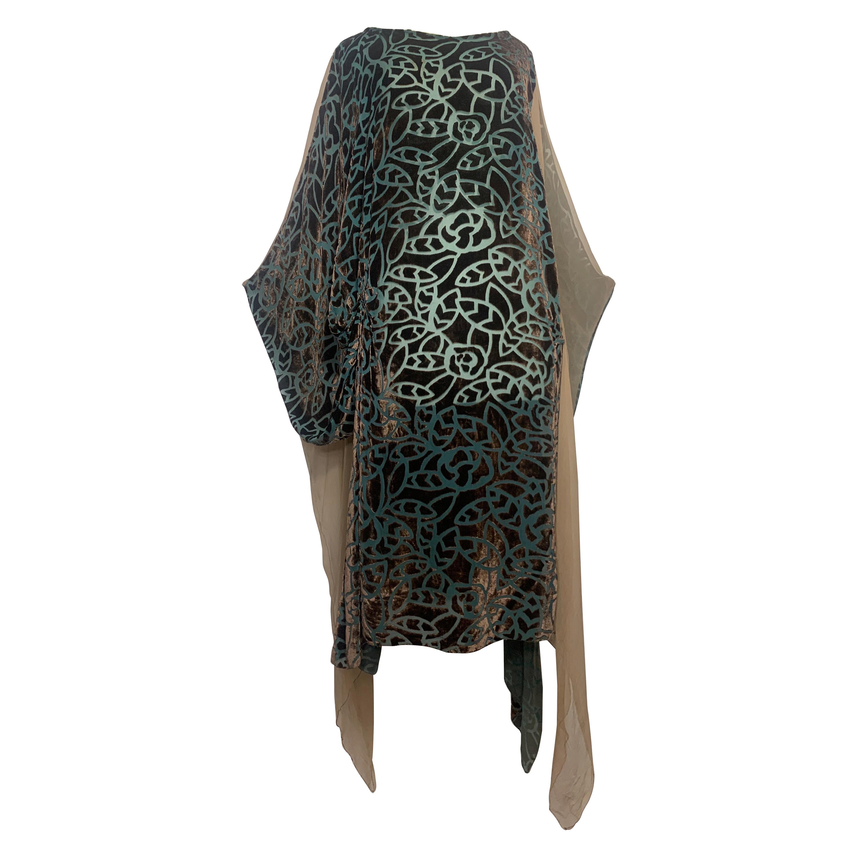 1920s Patina Green & Taupe Devore Velvet Art Deco Tunic w Stylized Leaf Pattern For Sale