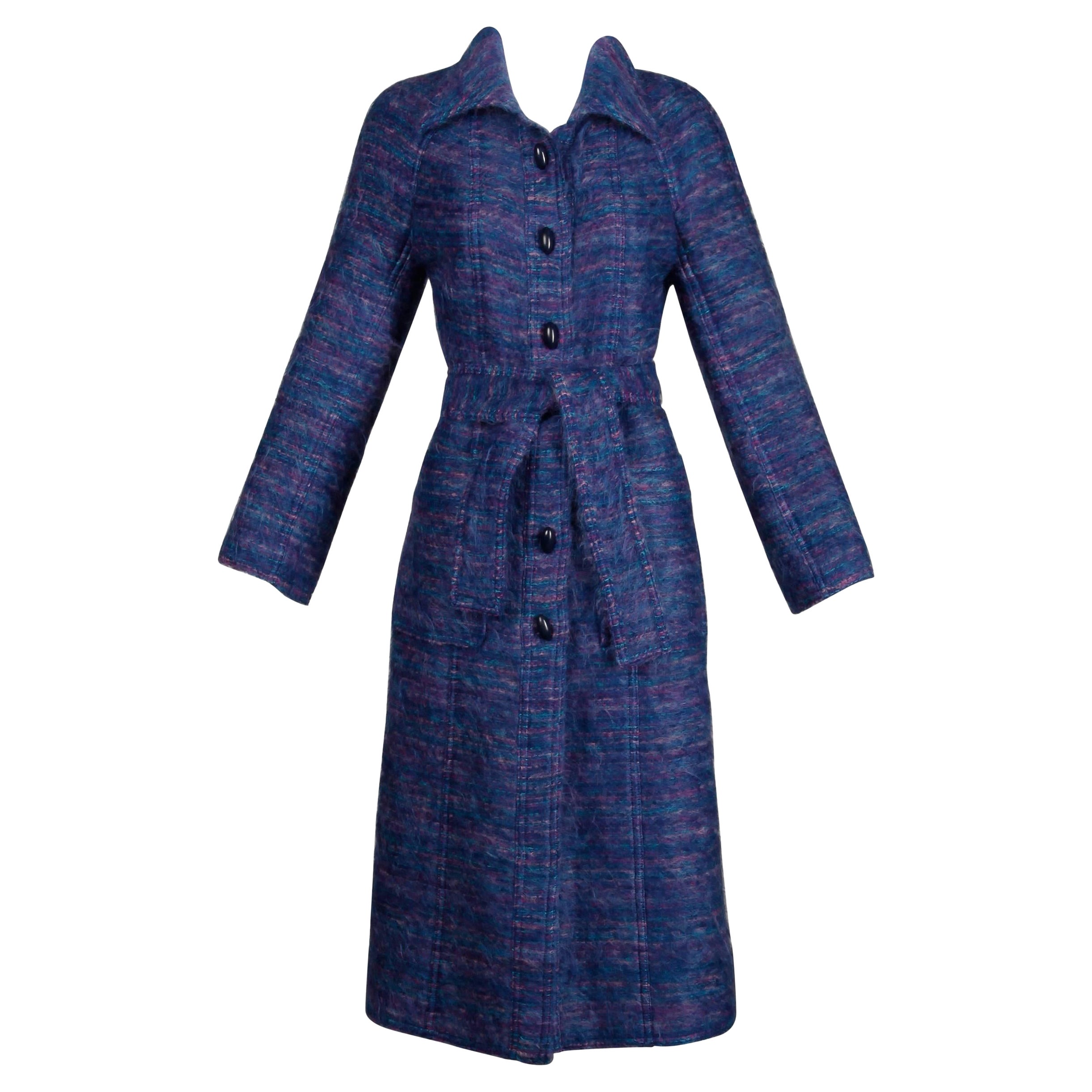 Late 1970s/ Early 1980s Bernard Perris Vintage Purple + Blue Mohair Trench Coat For Sale