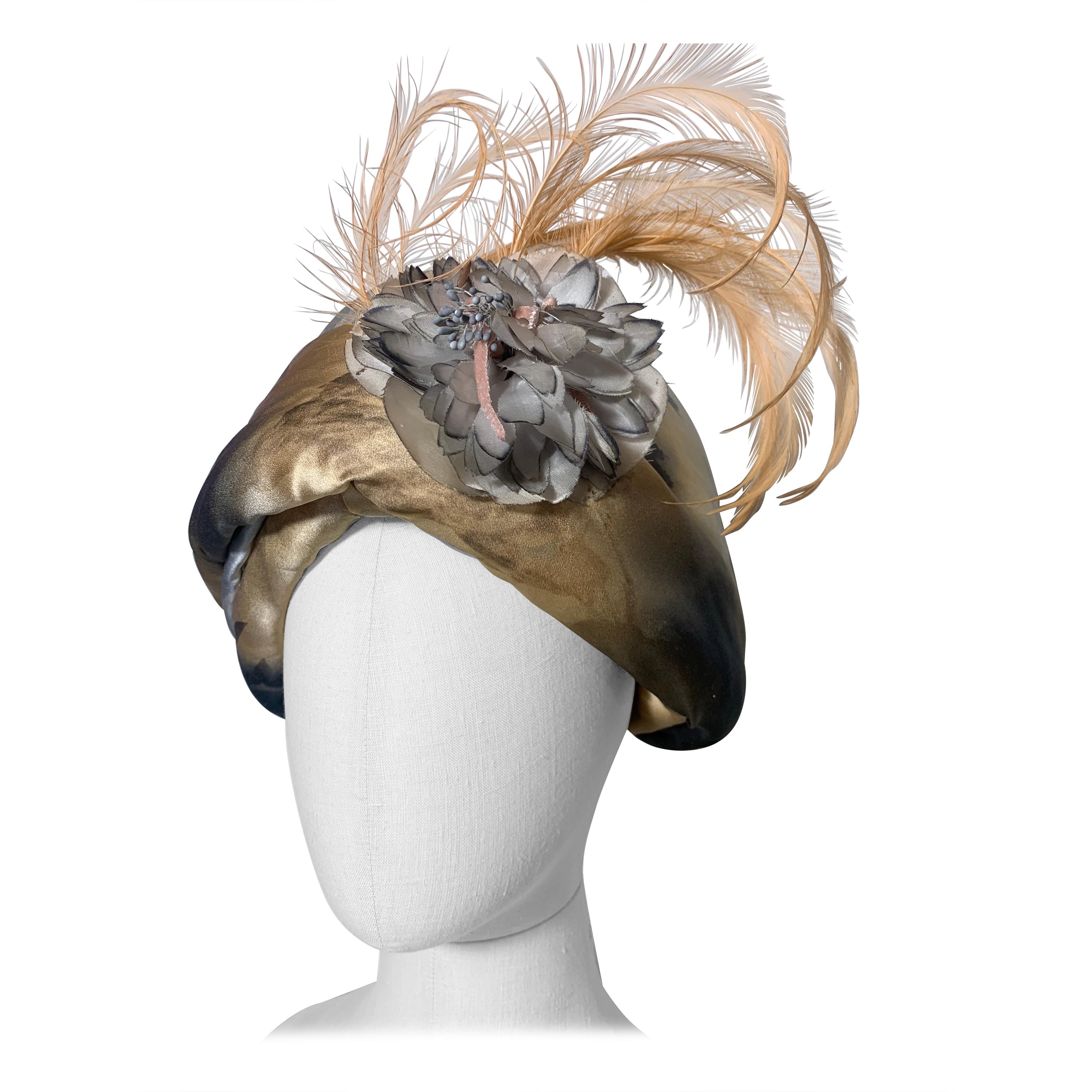 Custom Made Taupe & Gray Ombre Floral Print Silk Turban w Feather & Flower  For Sale