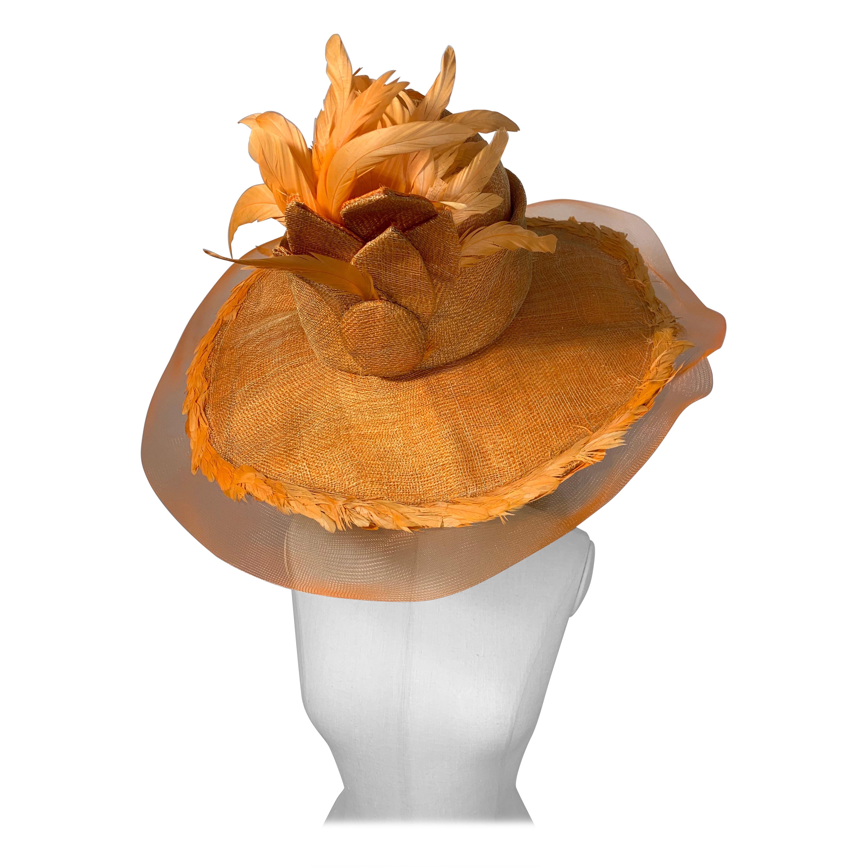 Susan van der Linde Orange Wide-Brim Straw Hat w Sheer Horsehair Rim & Feathers For Sale