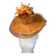 Susan van der Linde Orange Wide-Brim Straw Hat w Sheer Horsehair Rim & Feathers