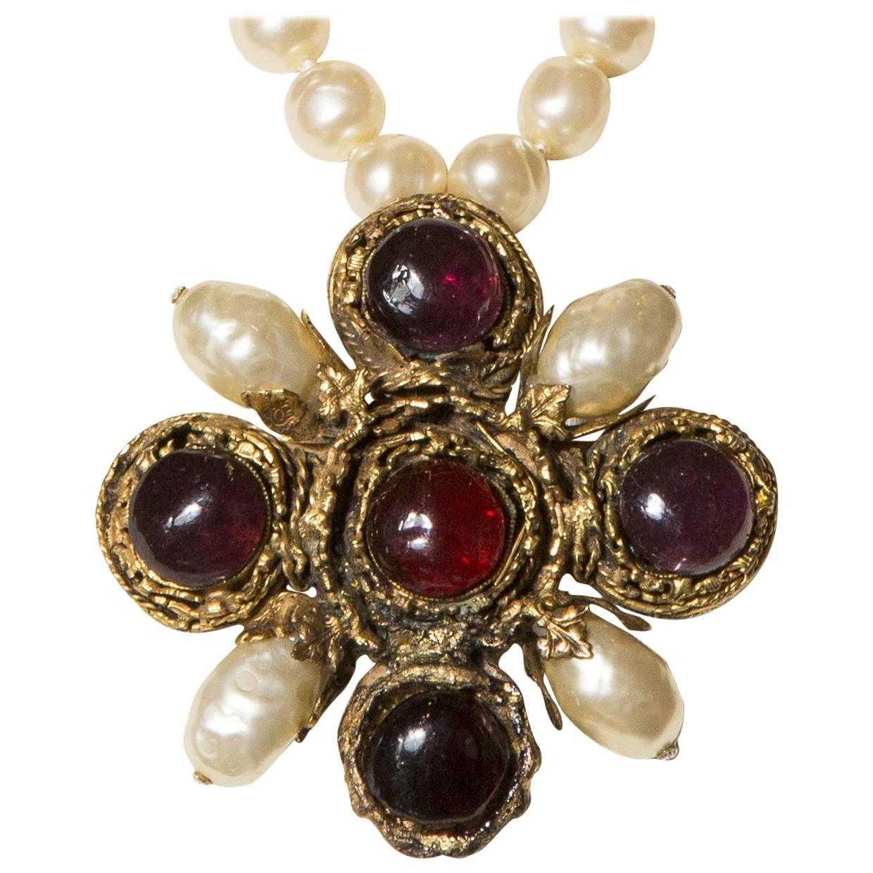 Chanel by Gripoix Rare Necklace Faux Pearls and Cross Pendant, 1984  For Sale