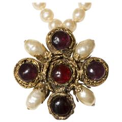 Chanel by Gripoix Rare Necklace Faux Pearls and Cross Pendant, 1984 