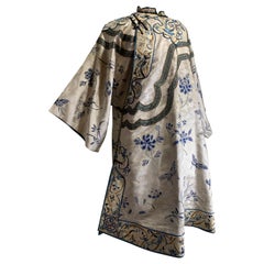 Antique 1920s Chinese Traditional Embroidered Side-Closure Silk Summer Coat in Blues