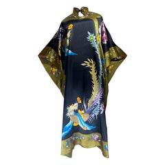 Silk Kaftan Dress w Hand-Painted Phoenix Bird Banded Keyhole Collar 