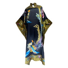 Silk Kaftan Dress w Hand-Painted Phoenix Bird Banded Keyhole Collar