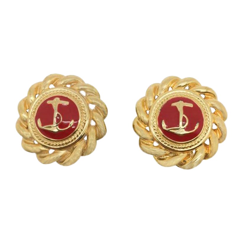 Vintage Gold & Red Nautical Earrings 1980S For Sale