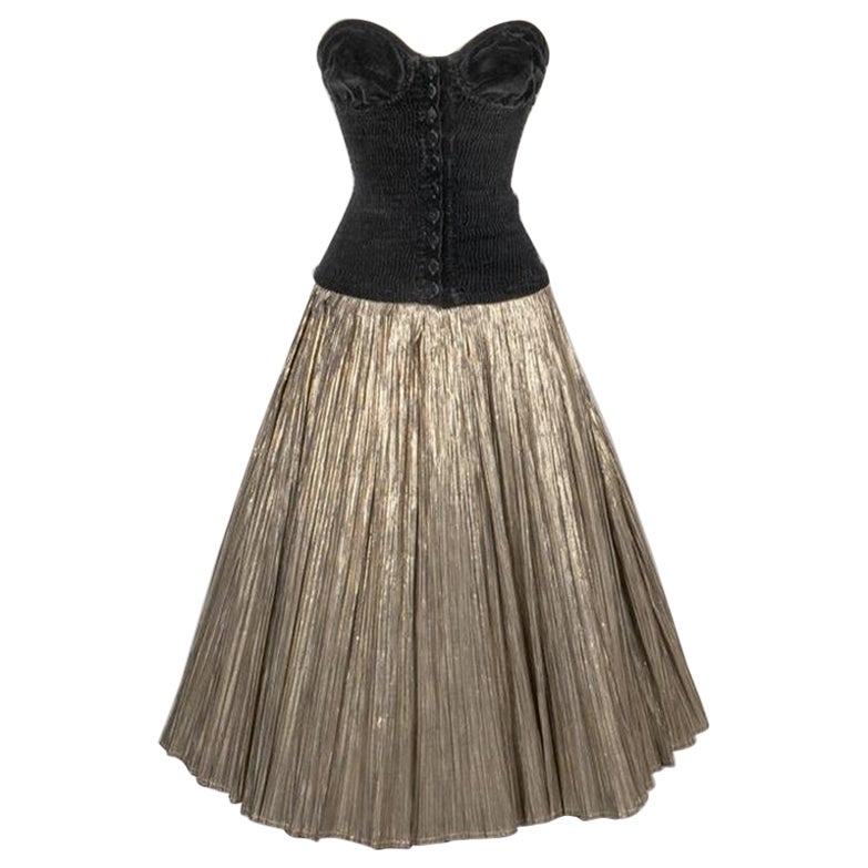 Armani Set of Pleated Golden Blended Silk Skirt and Black Velvet Bustier Top For Sale