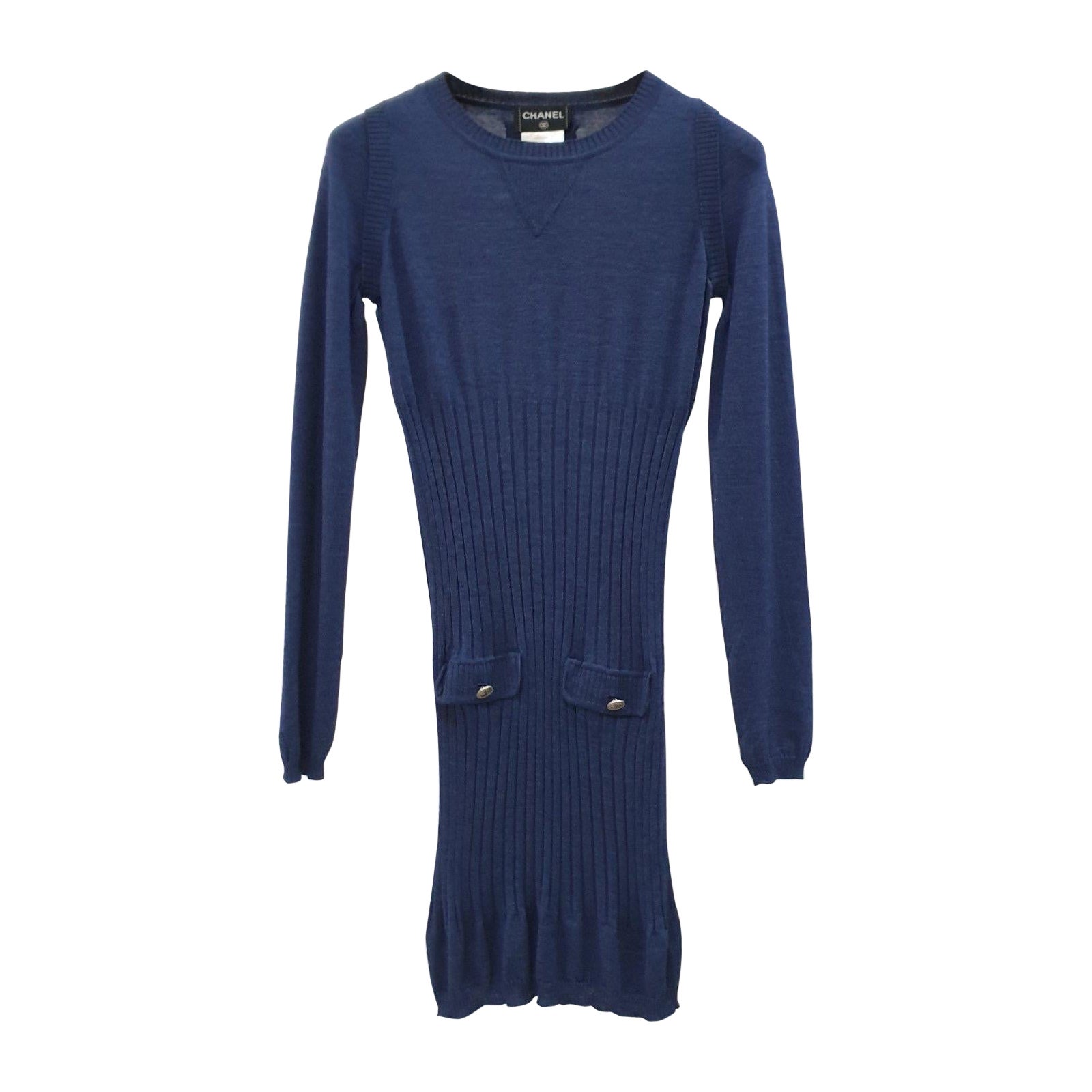 Chanel - Robe en maille à manches longues - Bleu marine en vente