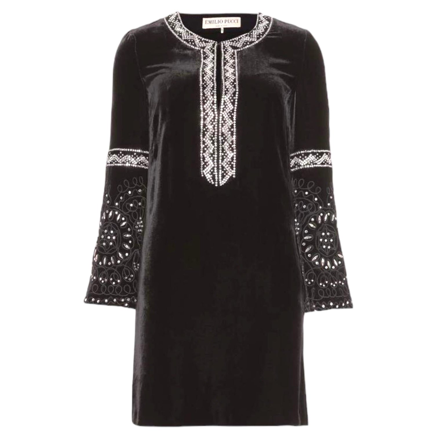 NEW Emilio Pucci Black Velvet Silk Embroidered Kaftan Tunic Dress 40 For Sale