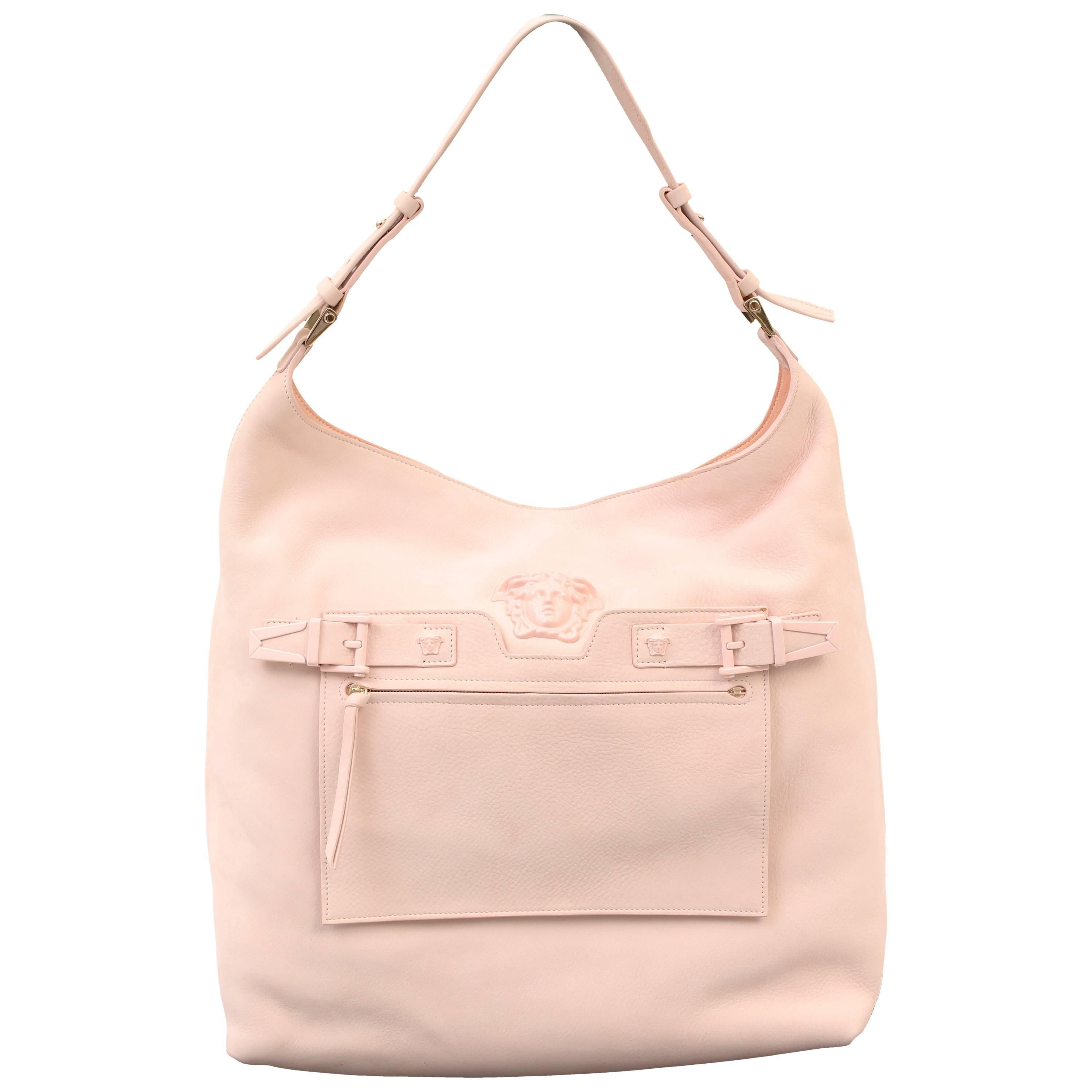 New VERSACE PALAZZO OVERSIZED SHOULDER BAG IN POWDER PINK DEER LEATHER For Sale
