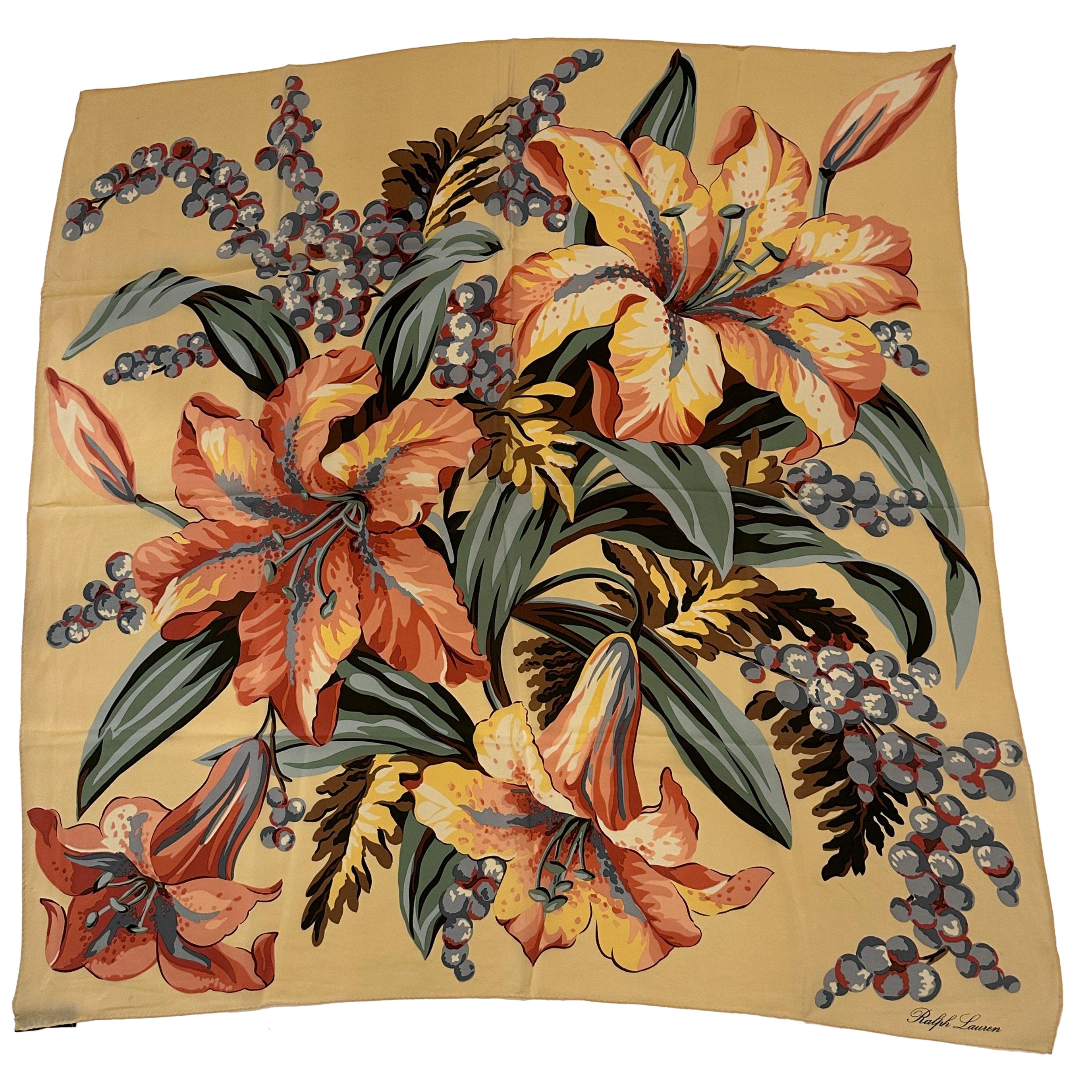 Ralph Lauren Beautiful "Blooming Orchids Bouquet" With Cream Borders Silk Scarf For Sale