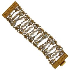 Wide embossed gold and pearl with rhinestone bracelet 2