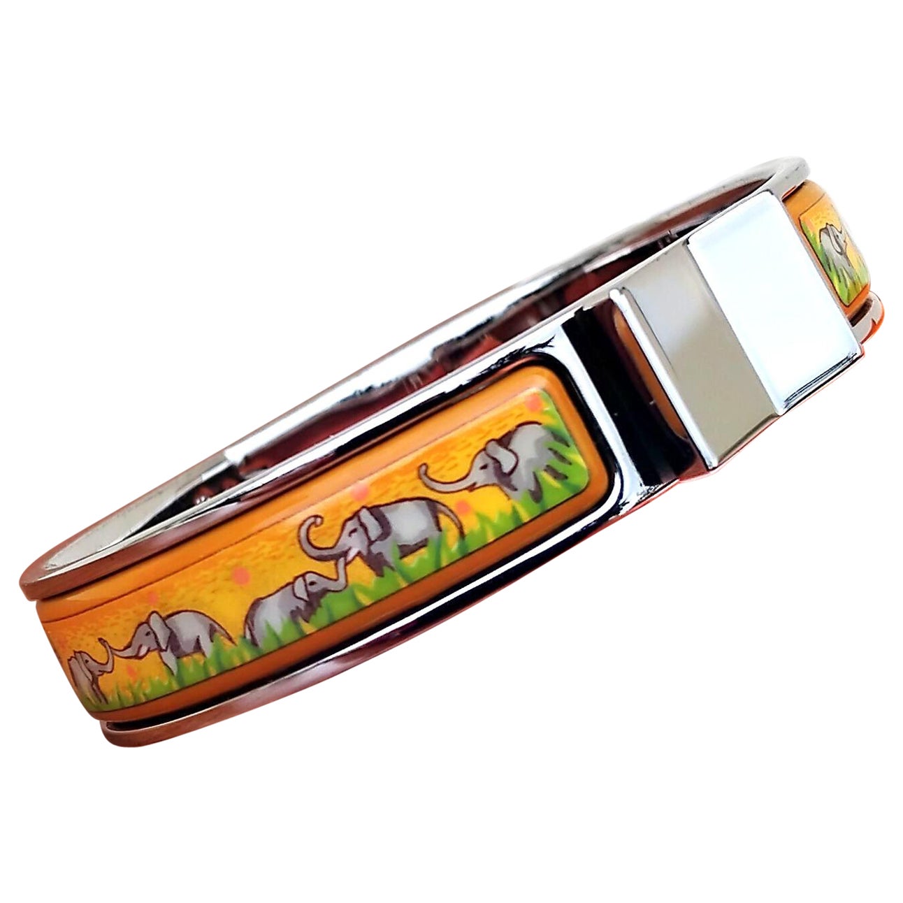 Hermès Clic Clac Bracelet en émail Elephants Grazing Phw Narrow PM en vente