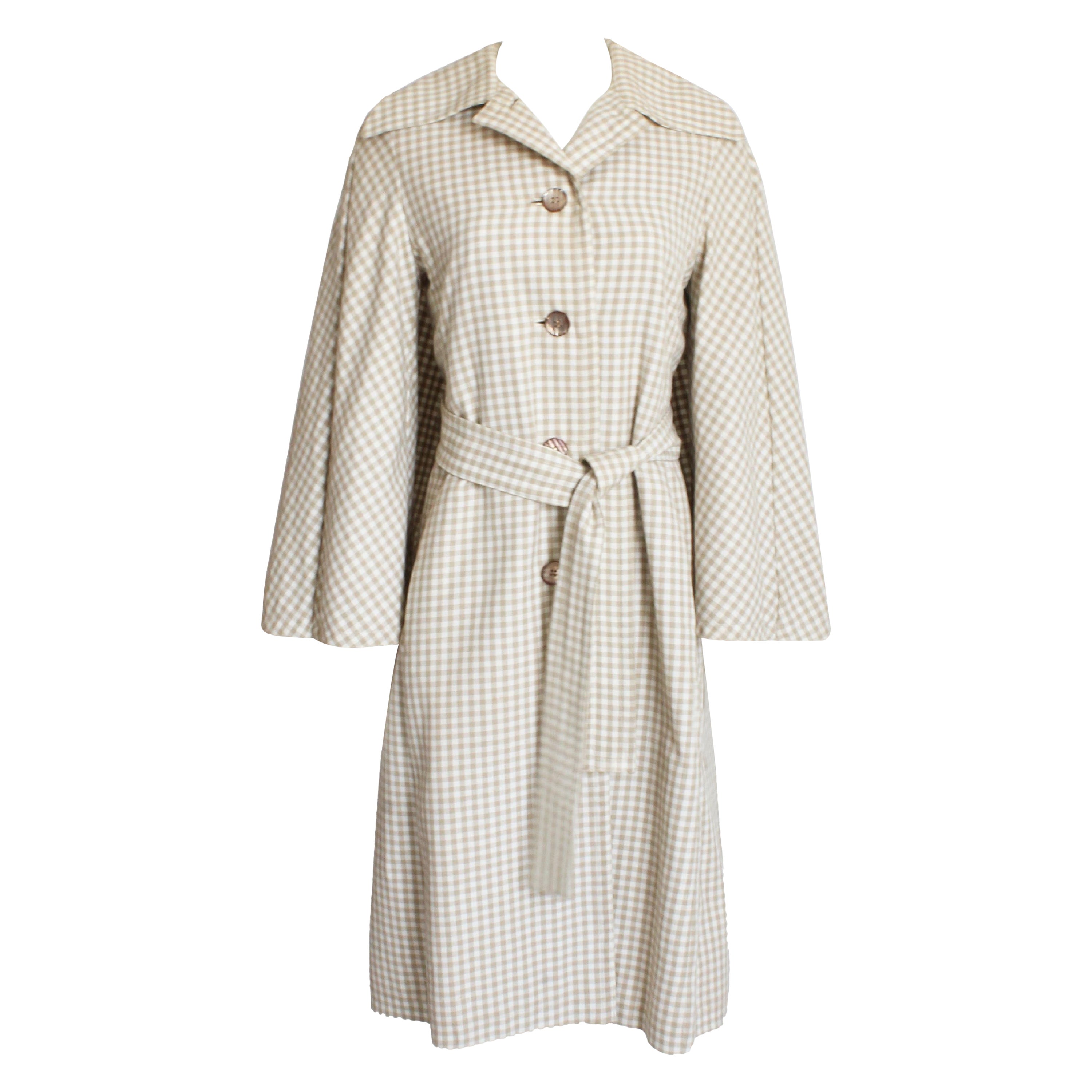 Donald Brooks Jacket with Caplet Trench Style Tan White Check Pattern Vintage  For Sale