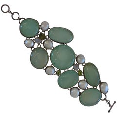 Vintage Large Chalcedony, blister pearl, peridot, opal and sterling silver bracelet OOAK