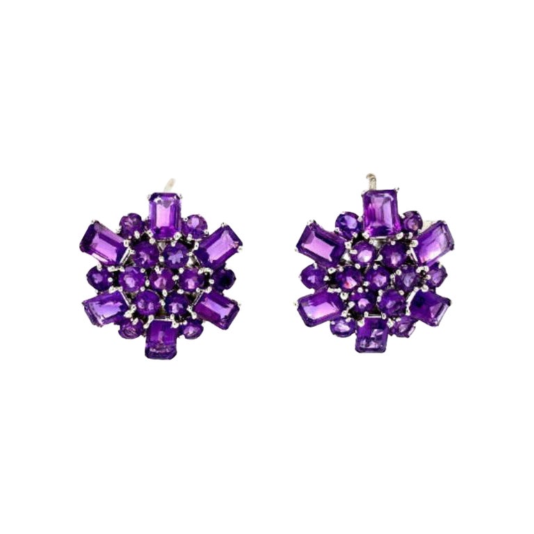 17.65 Carat Amethyst Big Cluster Stud Earrings in 925 Silver for Wedding Gift For Sale