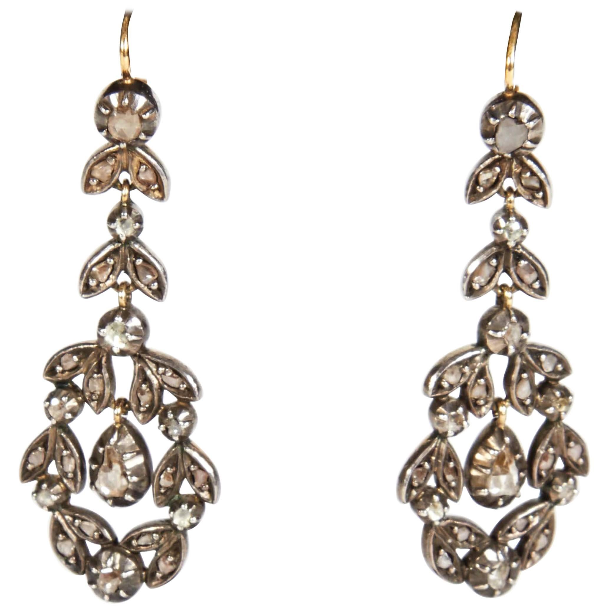 Antique Georgian Rose Cut Diamond Gold and Silver Pendant Earrings