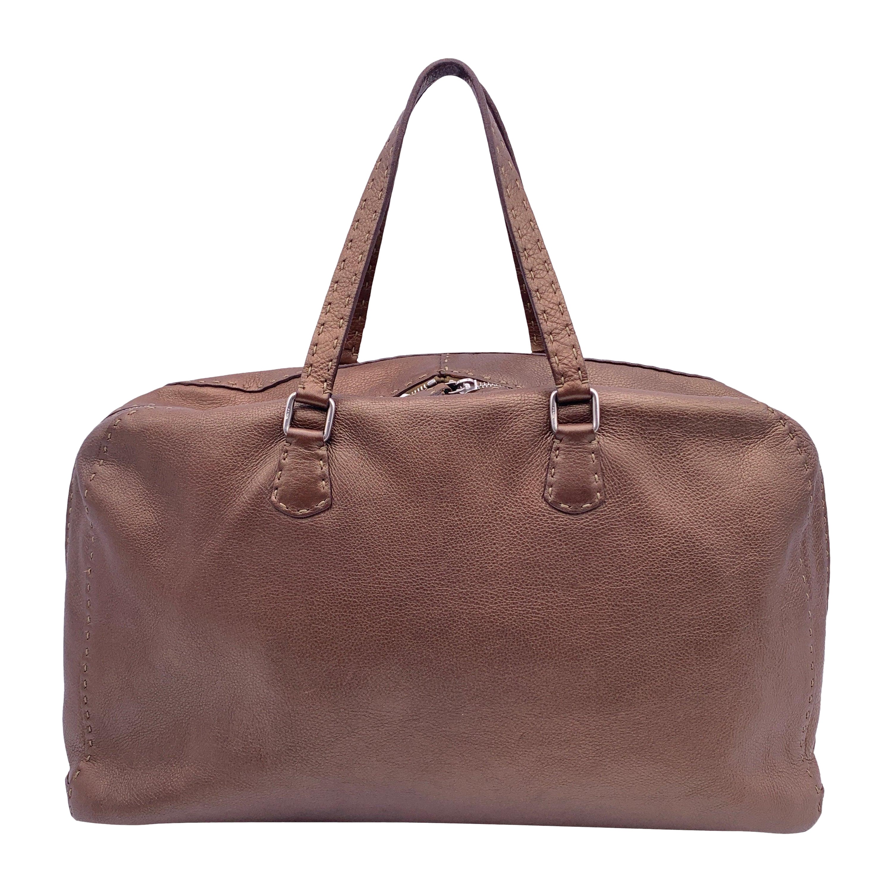 Fendi Selleria Brown Metallic Leather Weekender Bag Satchel For Sale