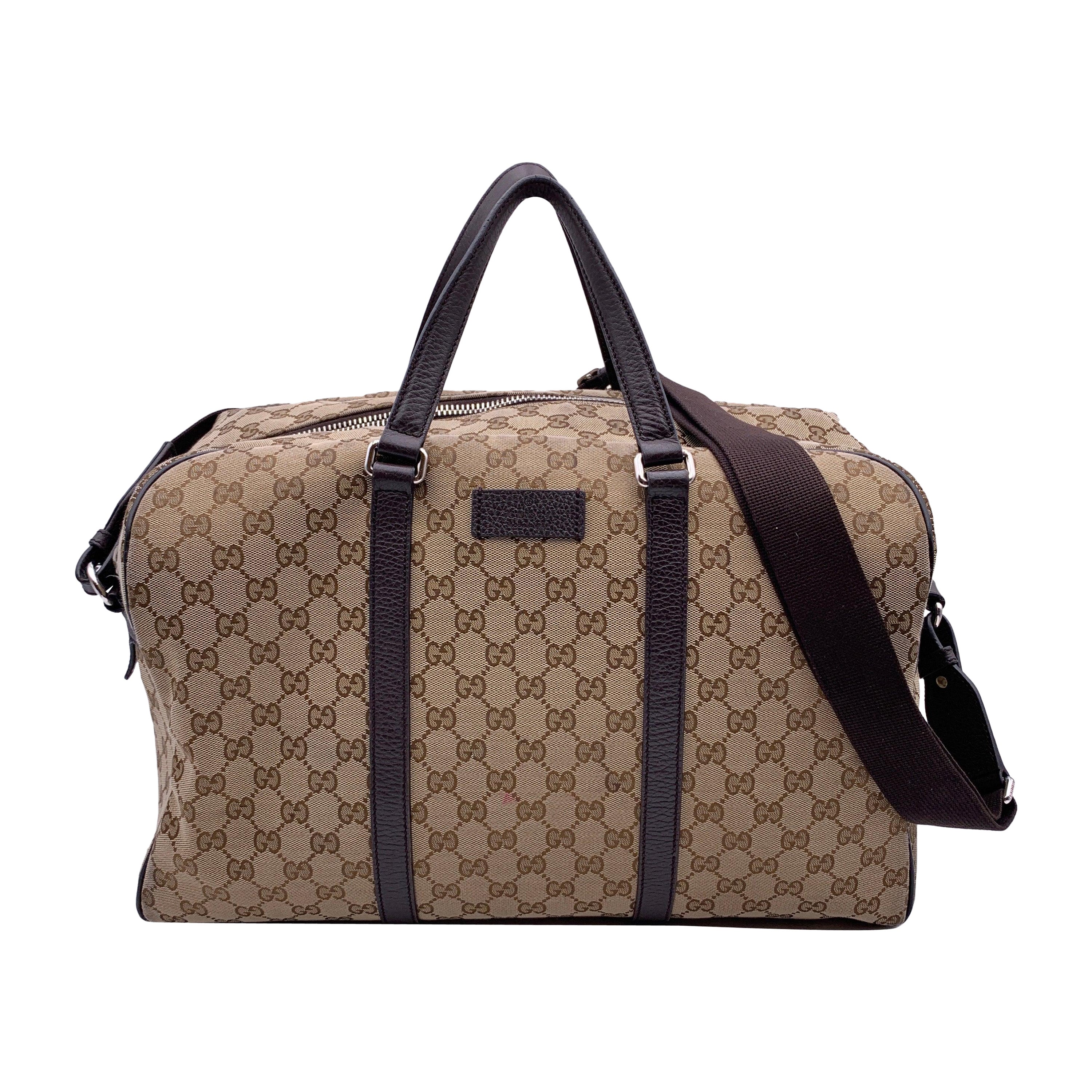 Gucci Beige Monogram Canvas Duffle Weekender Travel Bag with Strap For Sale