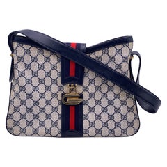 Gucci Vintage Blue Monogram Canvas Shoulder Bag with Stripes