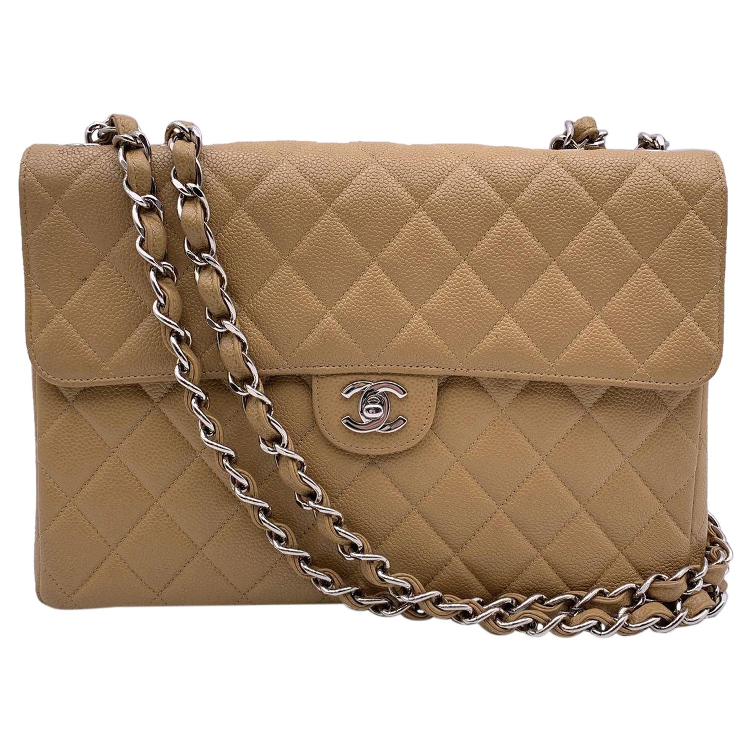 Chanel Vintage Beige Quilted Caviar Jumbo Timeless Classic Flap Bag For Sale