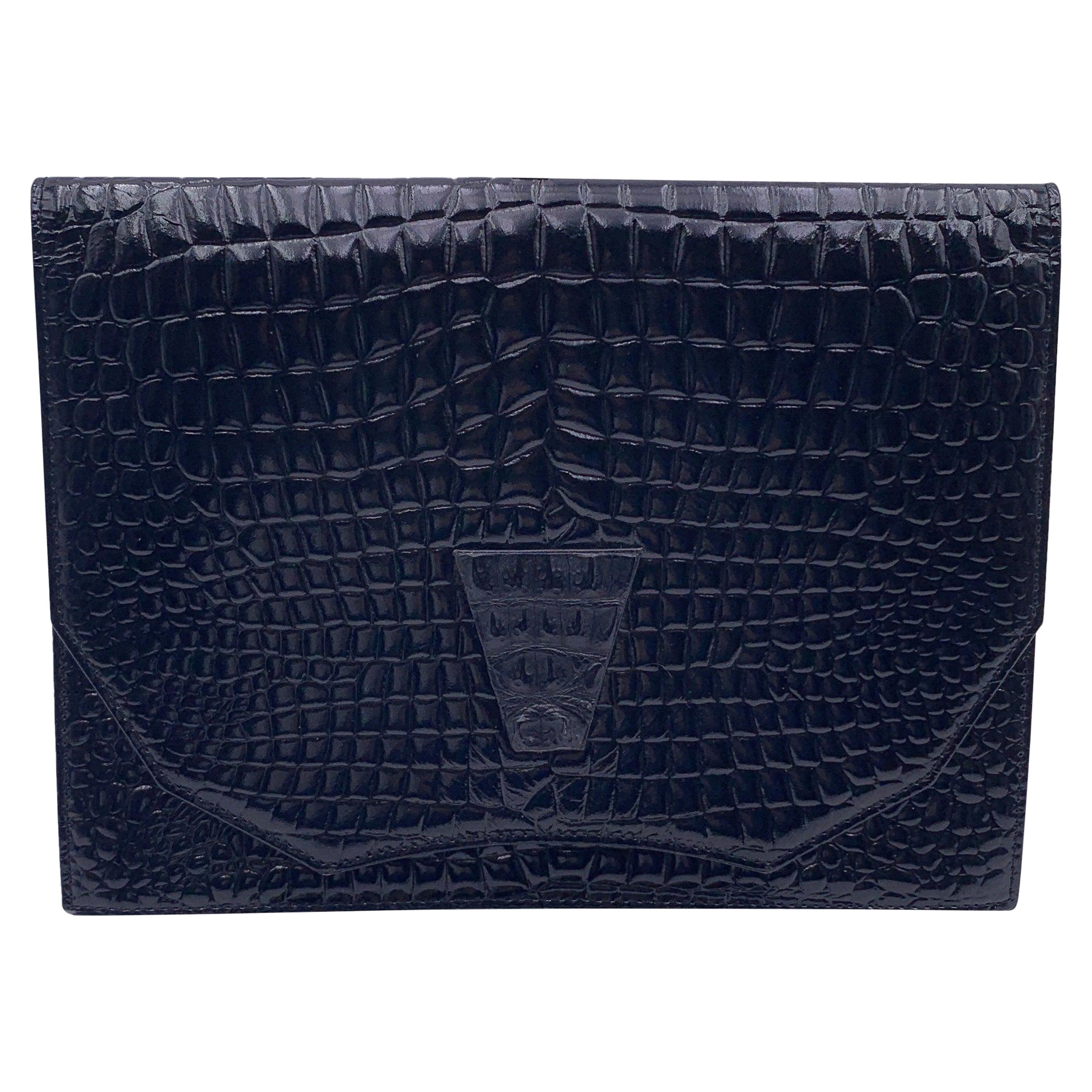 Yves Saint Laurent Vintage Black Leather Embossed Flap Clutch Purse For Sale