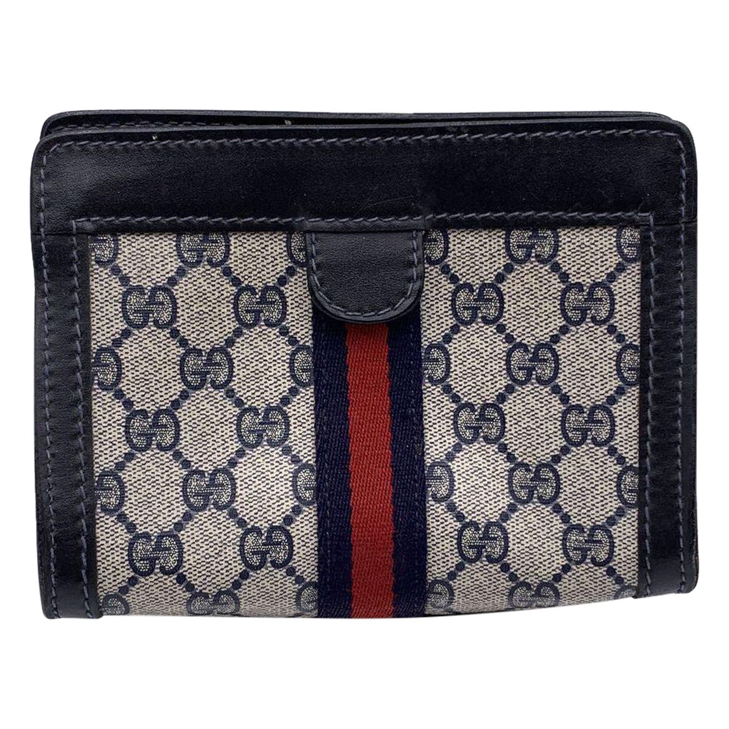 Gucci Vintage Blue Monogram Canvas Cosmetic Bag Small Clutch Stripes For Sale