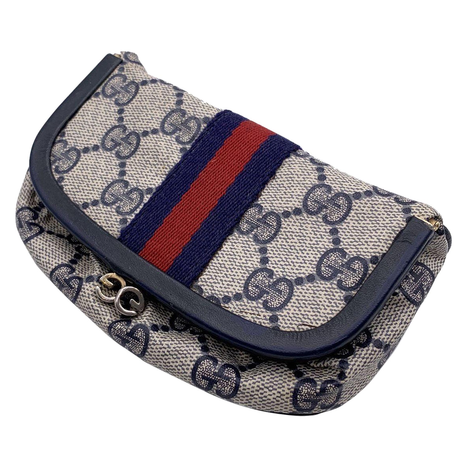 Gucci Vintage Blue Monogram Canvas Mirrored Cosmetic Case For Sale