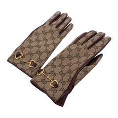 Used Gucci Monogram Canvas Leather Women Horsebit Gloves Size 7.5 M