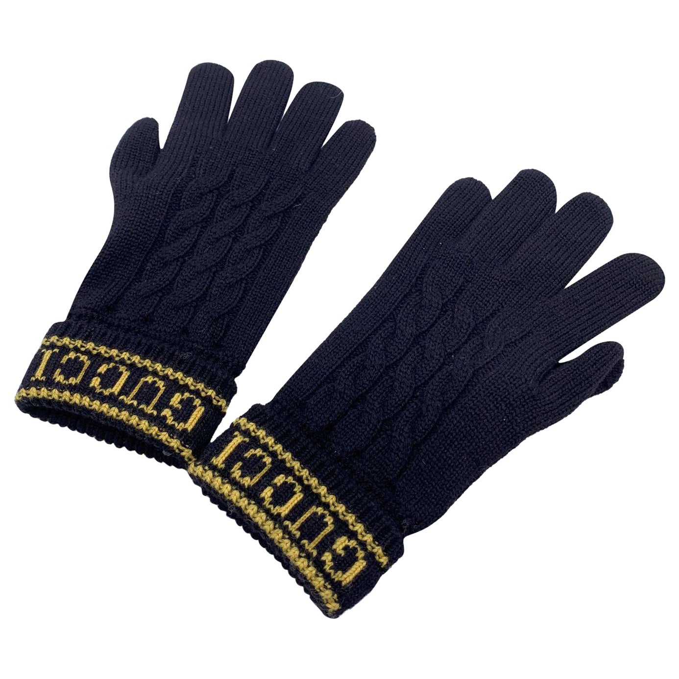 Gucci Black Wool and Leather Unisex Logo Knit Gloves Size M For Sale