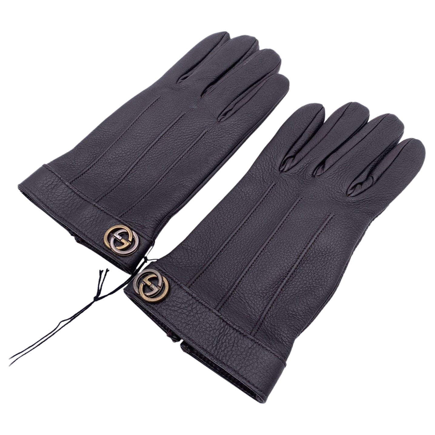 Gucci Brown Leather Unisex GG Logo Gloves Cahsmere Lining Size 9 L For Sale