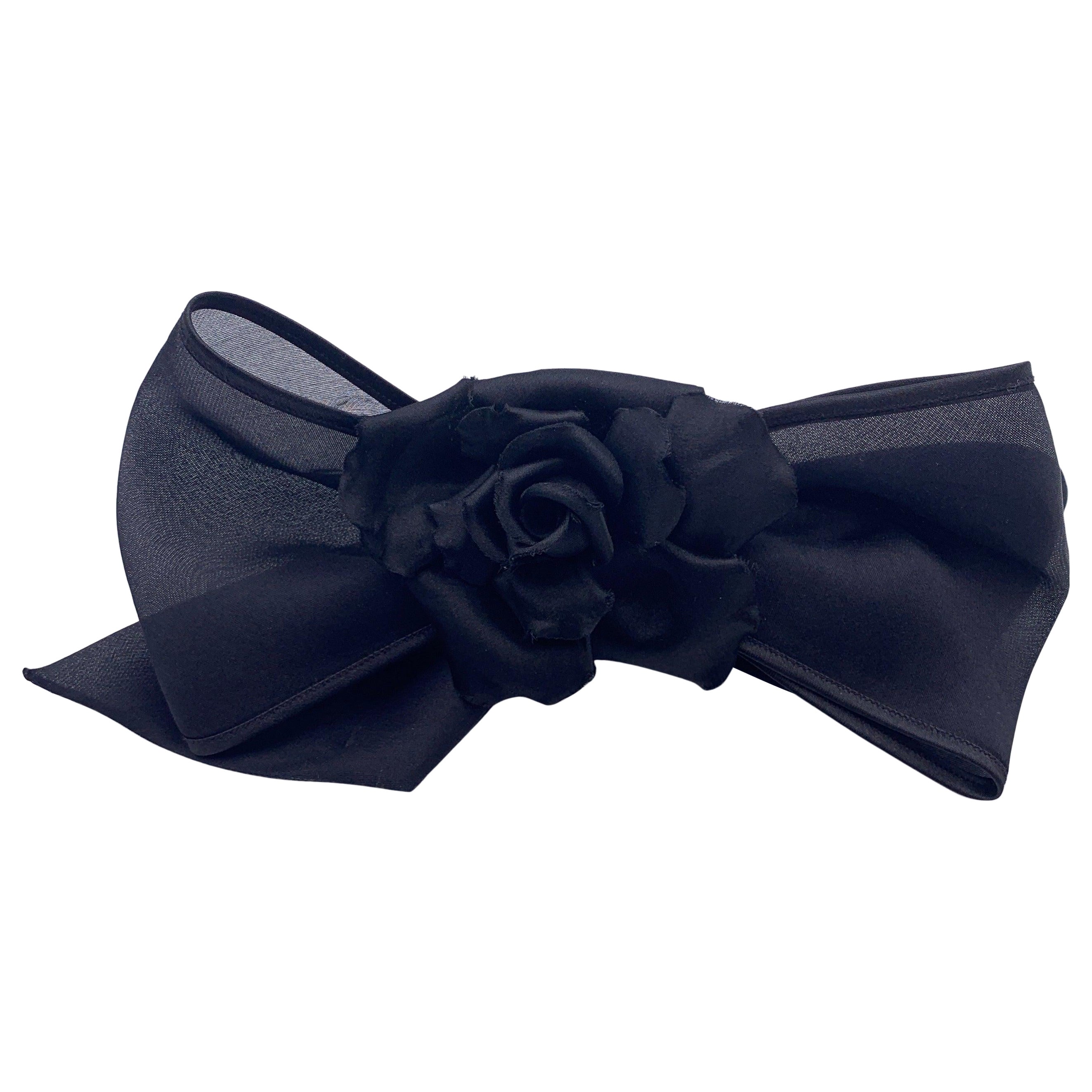 Chanel Vintage Black Silk Satin Camellia Camelia Bow Hair Clip