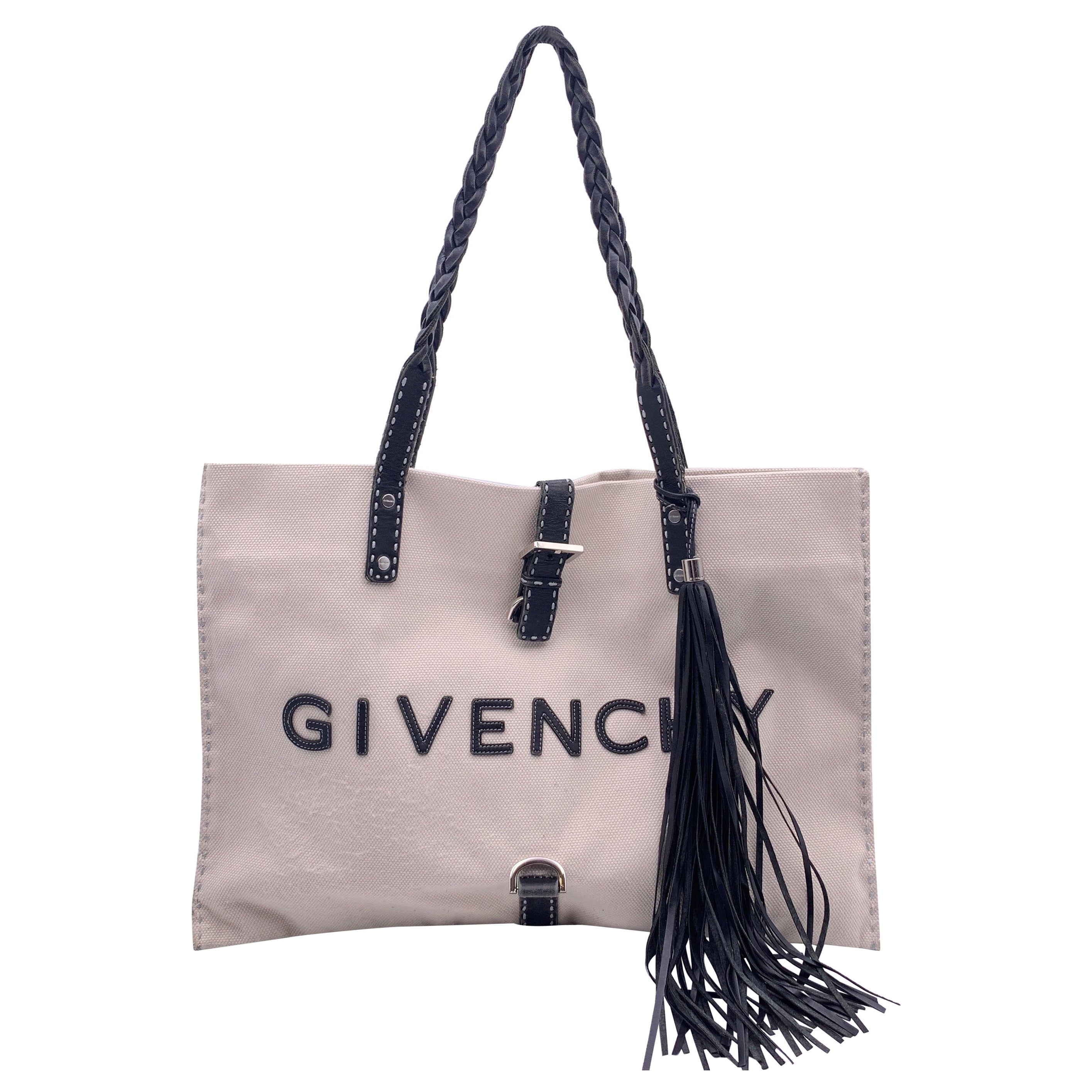 Givenchy Beige Canvas and Black Leather Logo Tote Shopping Bag