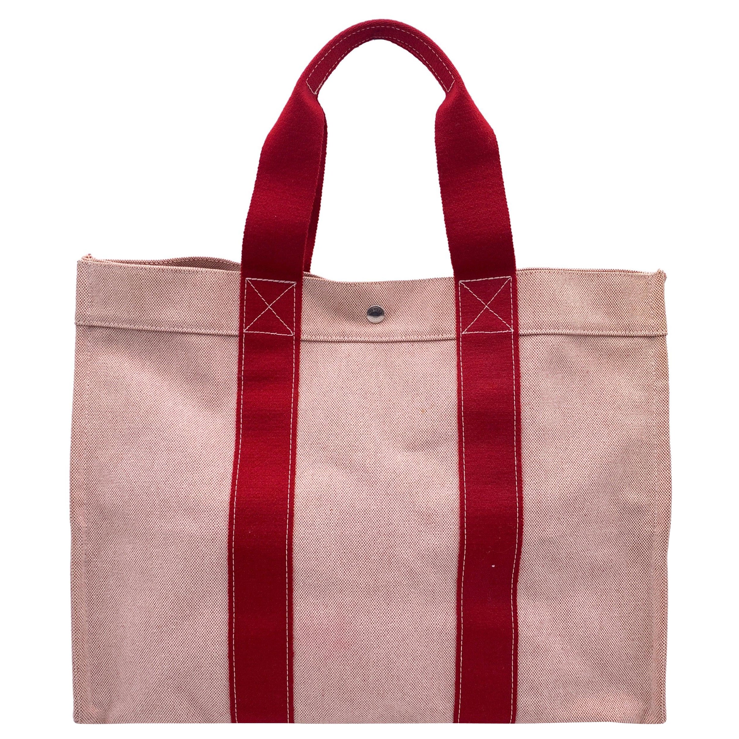 Hermes Paris Beige Rot Canvas Bora GM Tote Beach Bag aus Segeltuch im Angebot